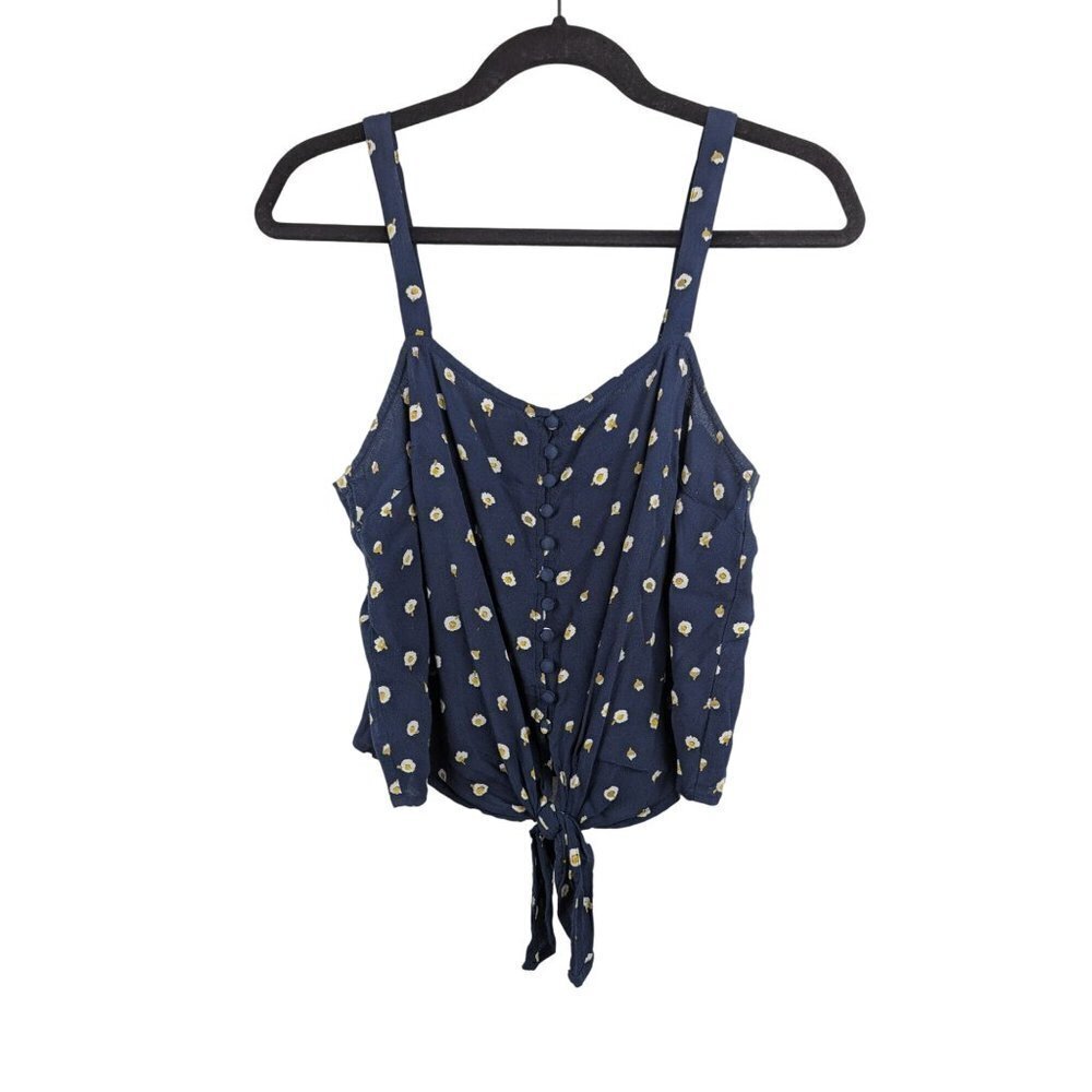 Madewell Womens Tank Top Size L Daisy Dots Button Front Tie Floral Blue